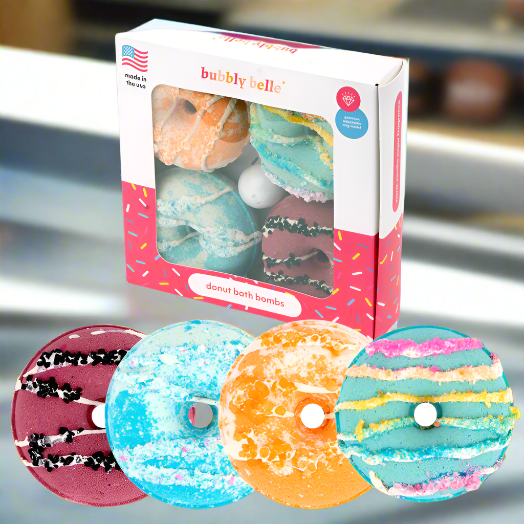 Fun-Filled Sugared Donut Bath Bombs (4 Pack + Ring)