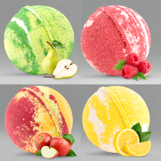 Bombes de bain à la poire sucrée + sorbet à la framboise + croquant aux pommes + goutte de citron (6 oz/chacune avec anneaux)