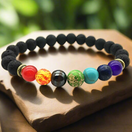 Pulsera difusora de aceites esenciales de piedra de lava de 7 chakras